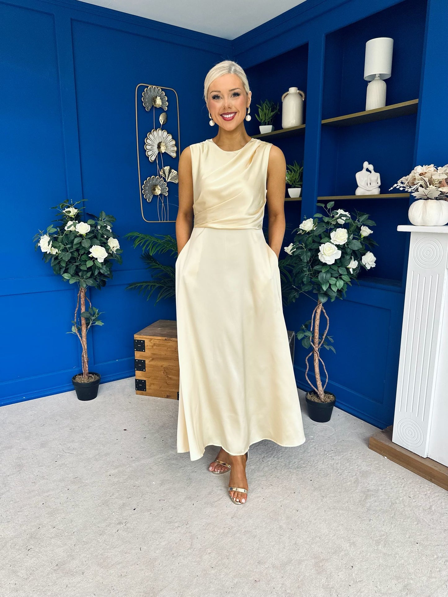 Blake Gathered Satin Occasion Dress Yellow