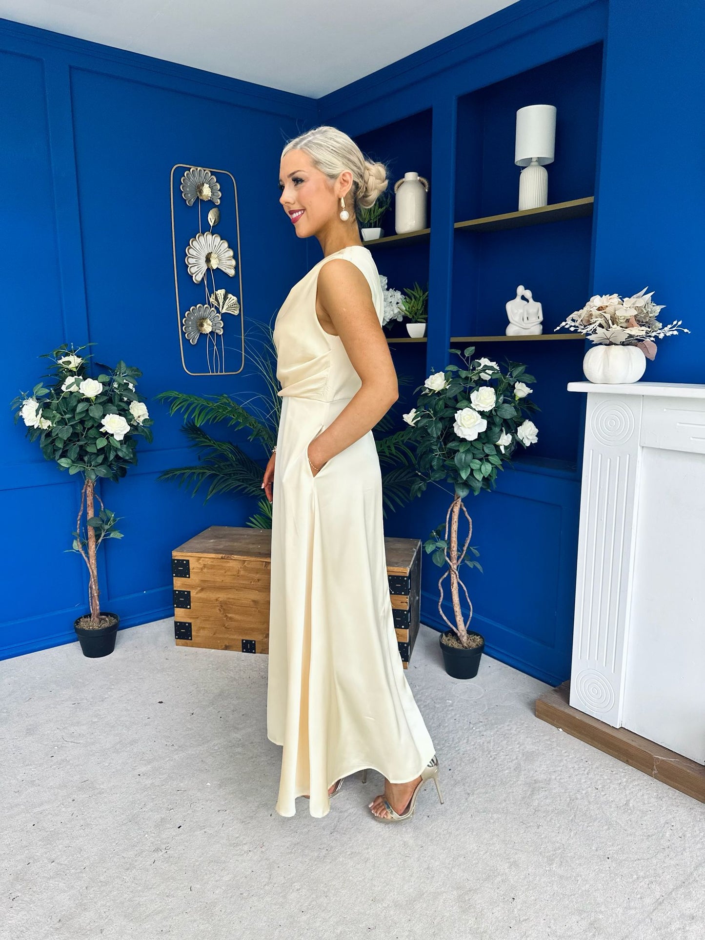 Blake Gathered Satin Occasion Dress Yellow