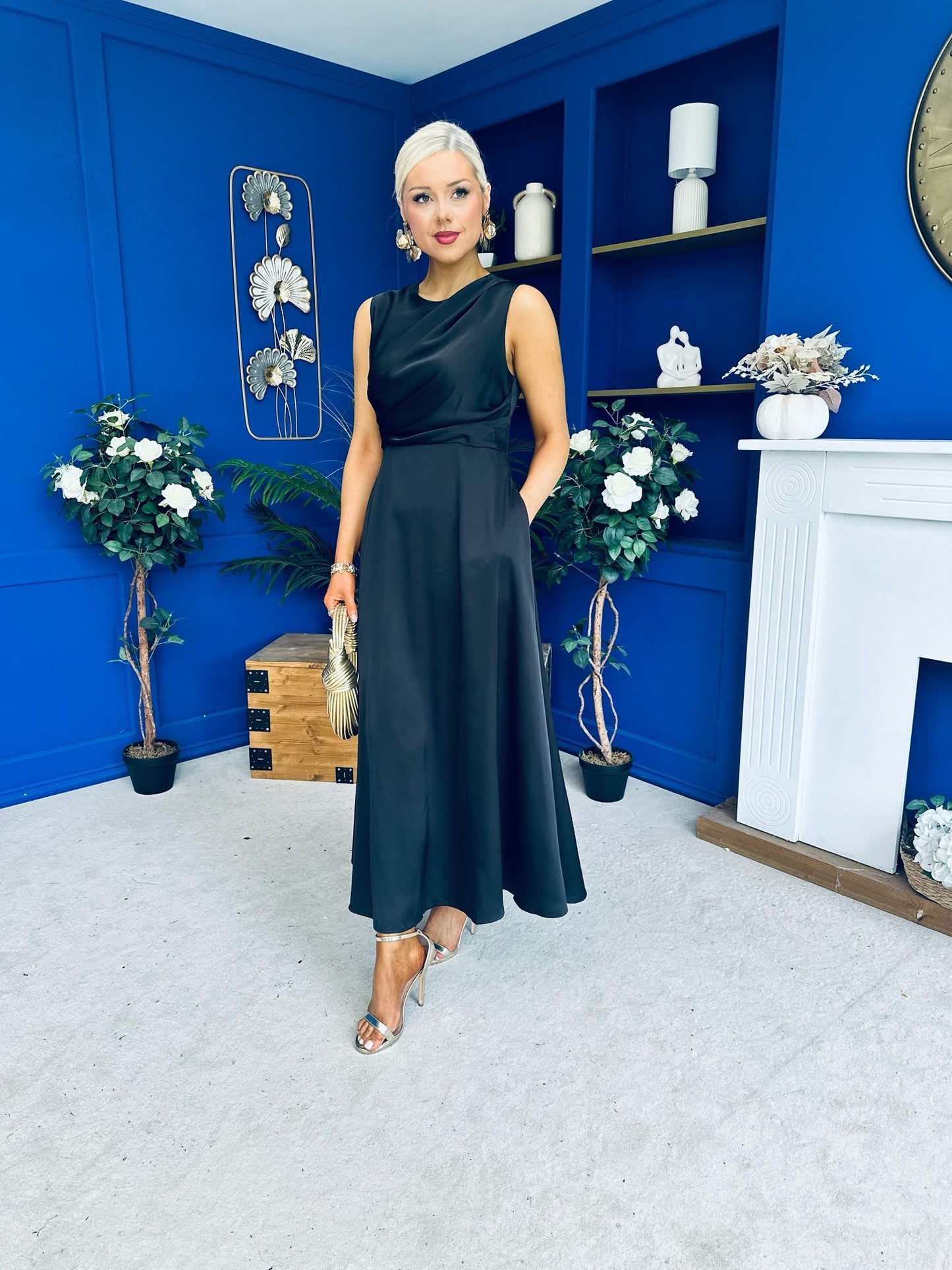 Blake Gathered Satin Occasion Dress Black