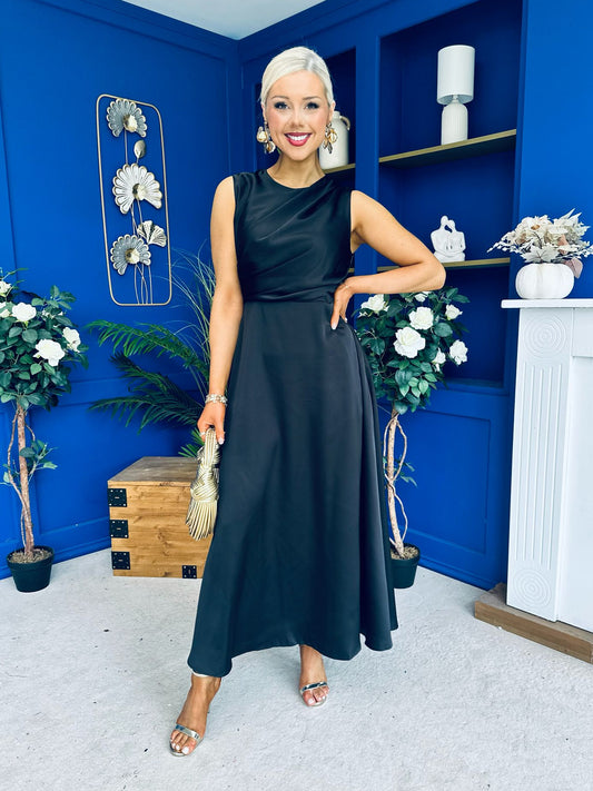 Blake Gathered Satin Occasion Dress Black
