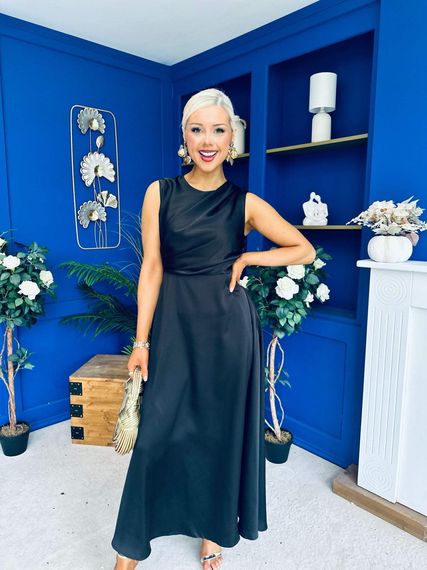 Blake Gathered Satin Occasion Dress Black