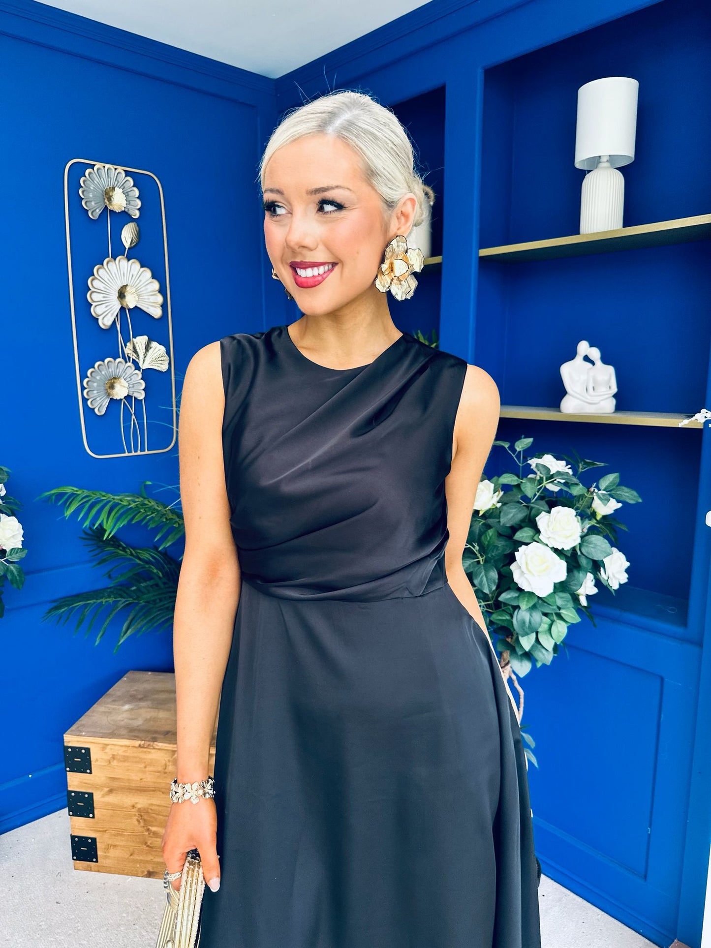 Blake Gathered Satin Occasion Dress Black