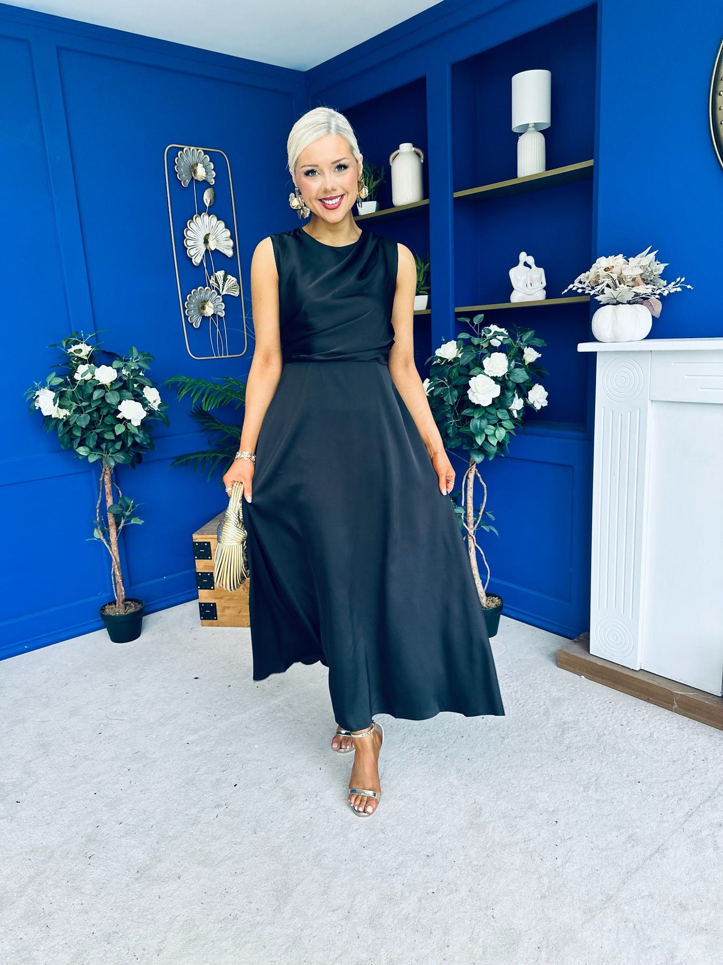 Blake Gathered Satin Occasion Dress Black