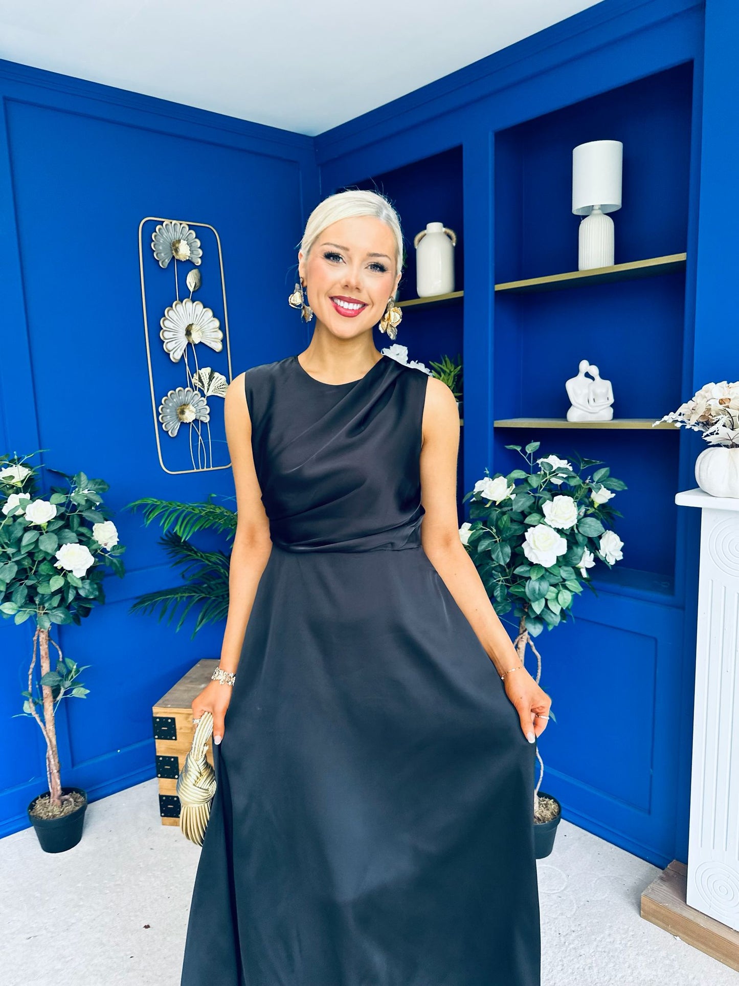 Blake Gathered Satin Occasion Dress Black