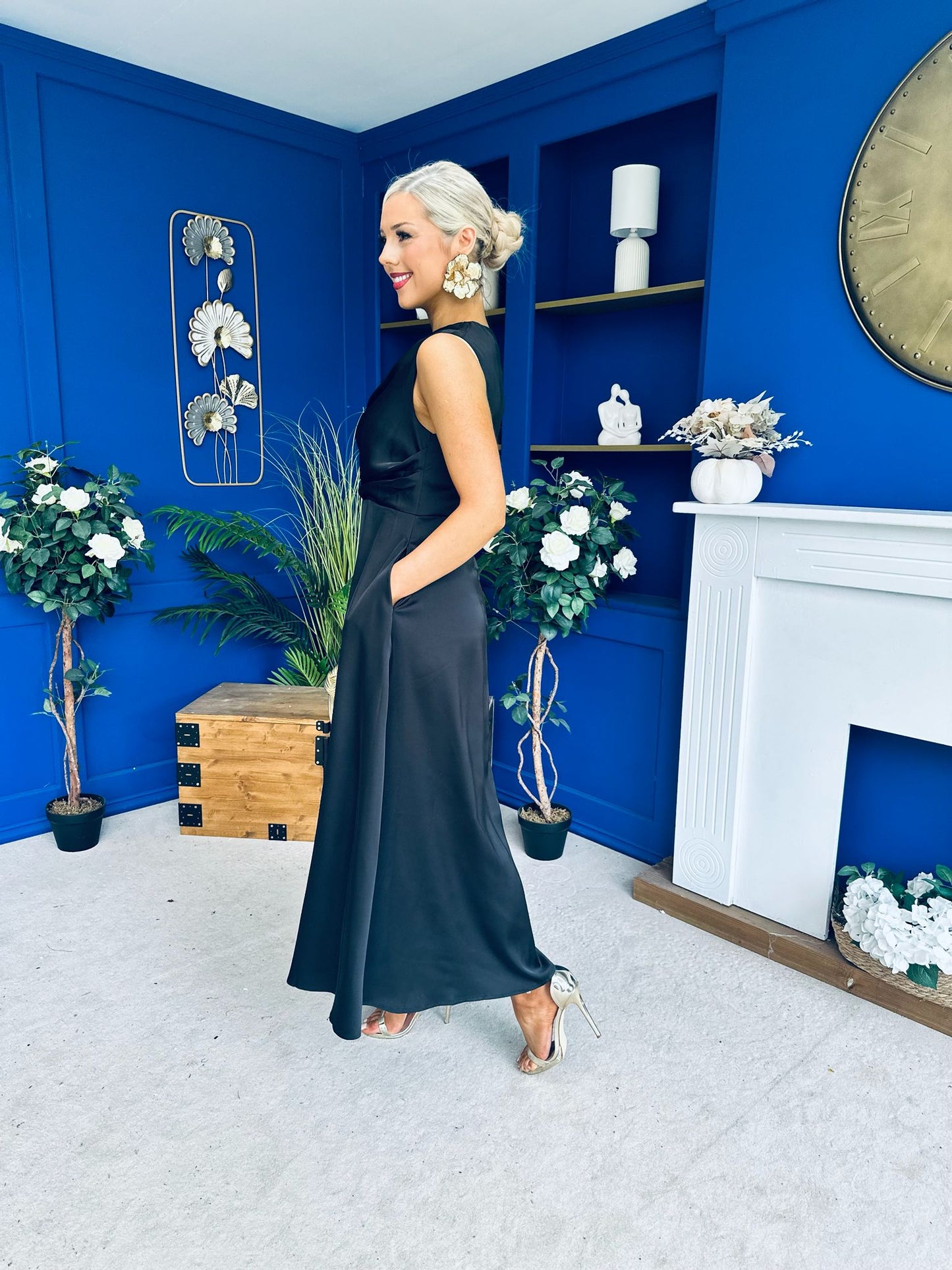 Blake Gathered Satin Occasion Dress Black