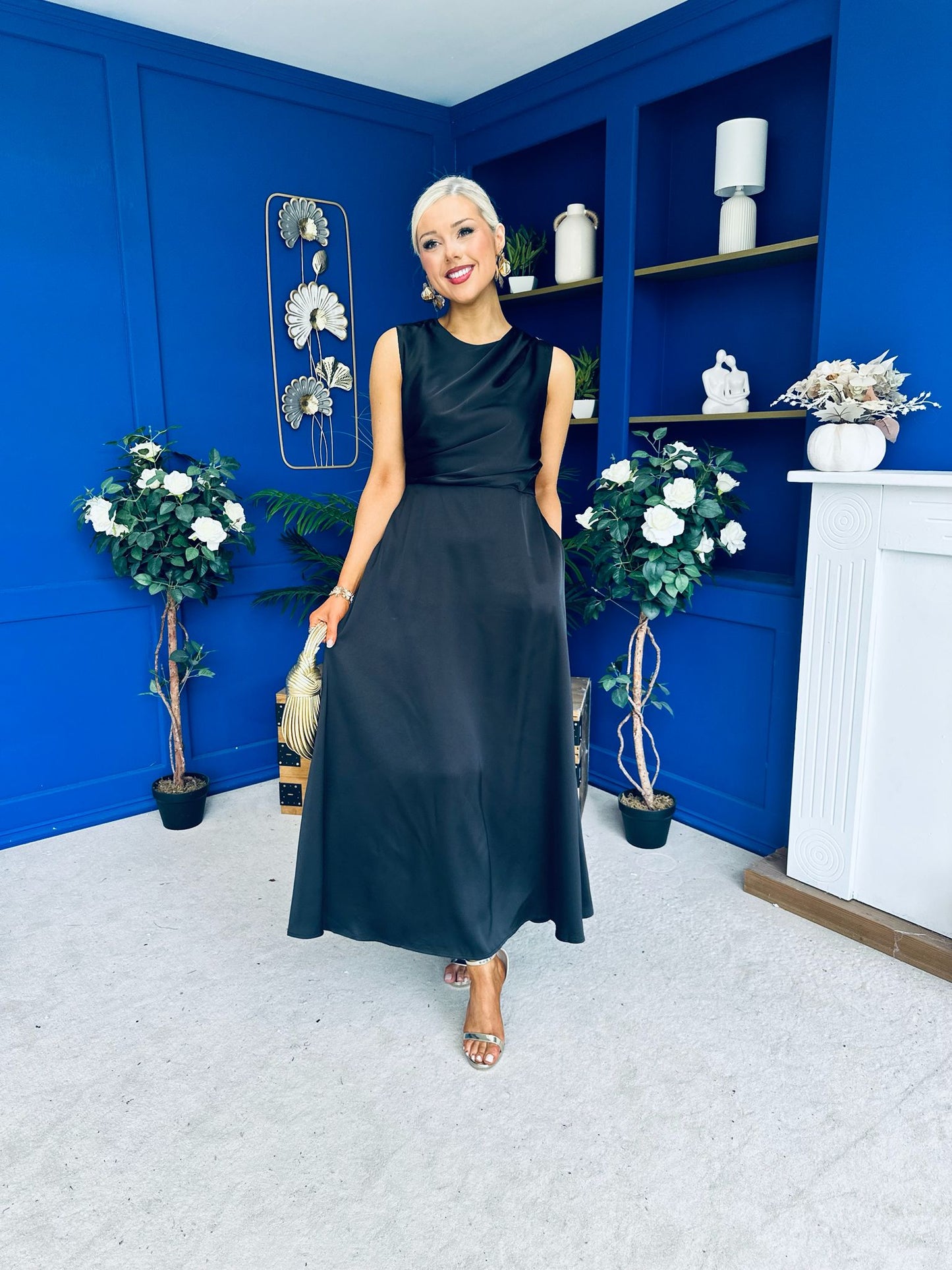 Blake Gathered Satin Occasion Dress Black