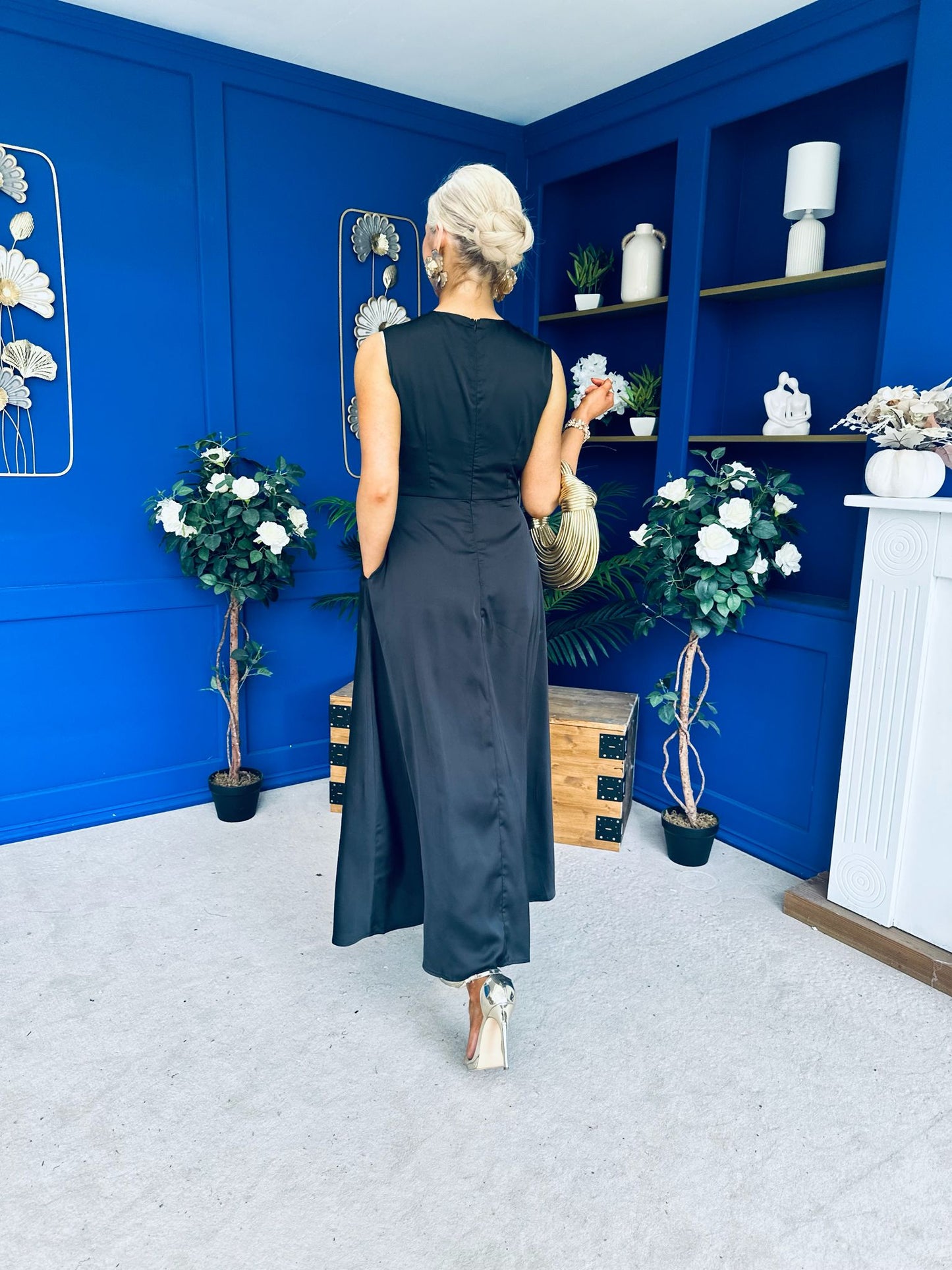 Blake Gathered Satin Occasion Dress Black