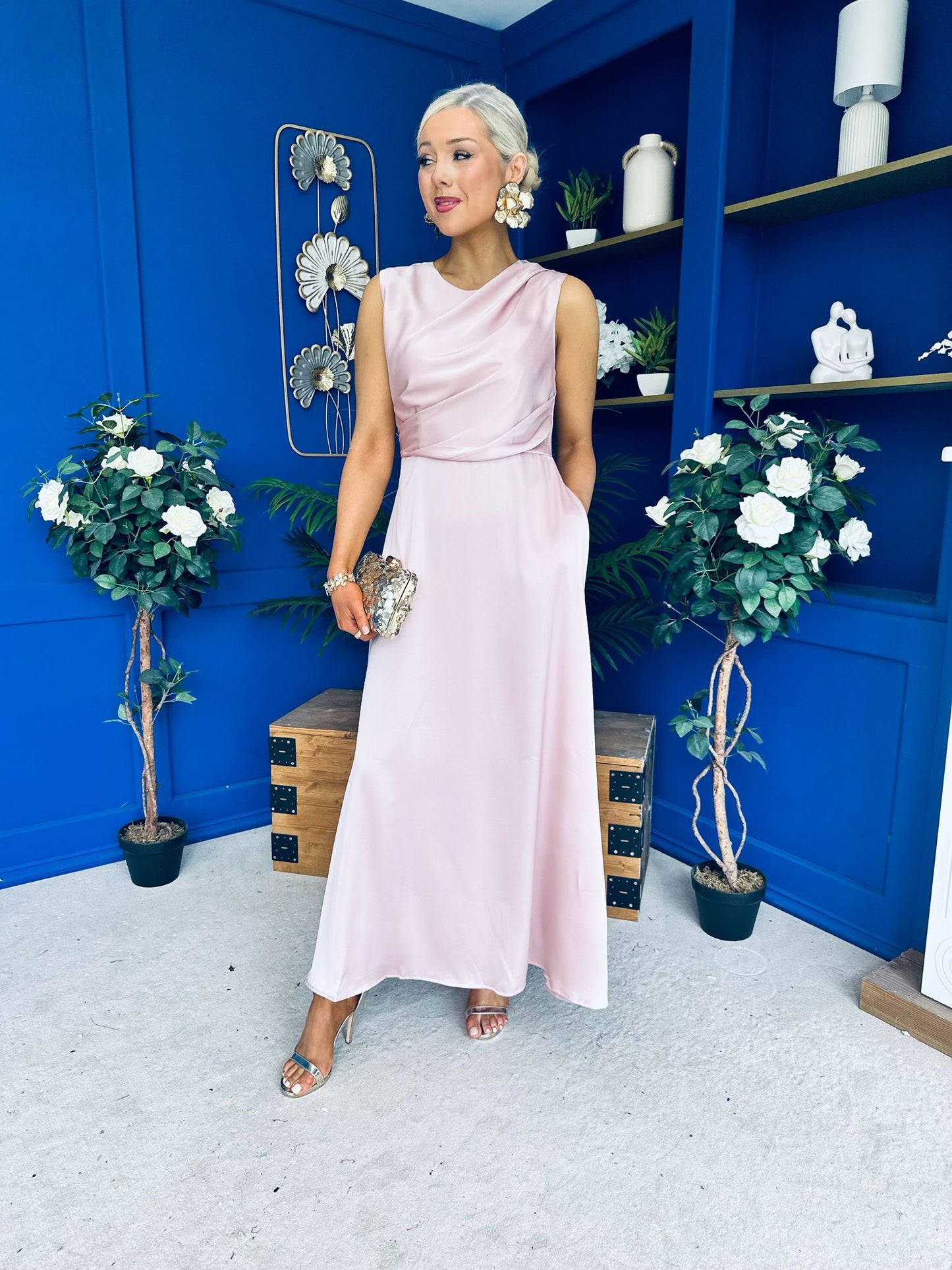 Blake Gathered Satin Occasion Dress Blush