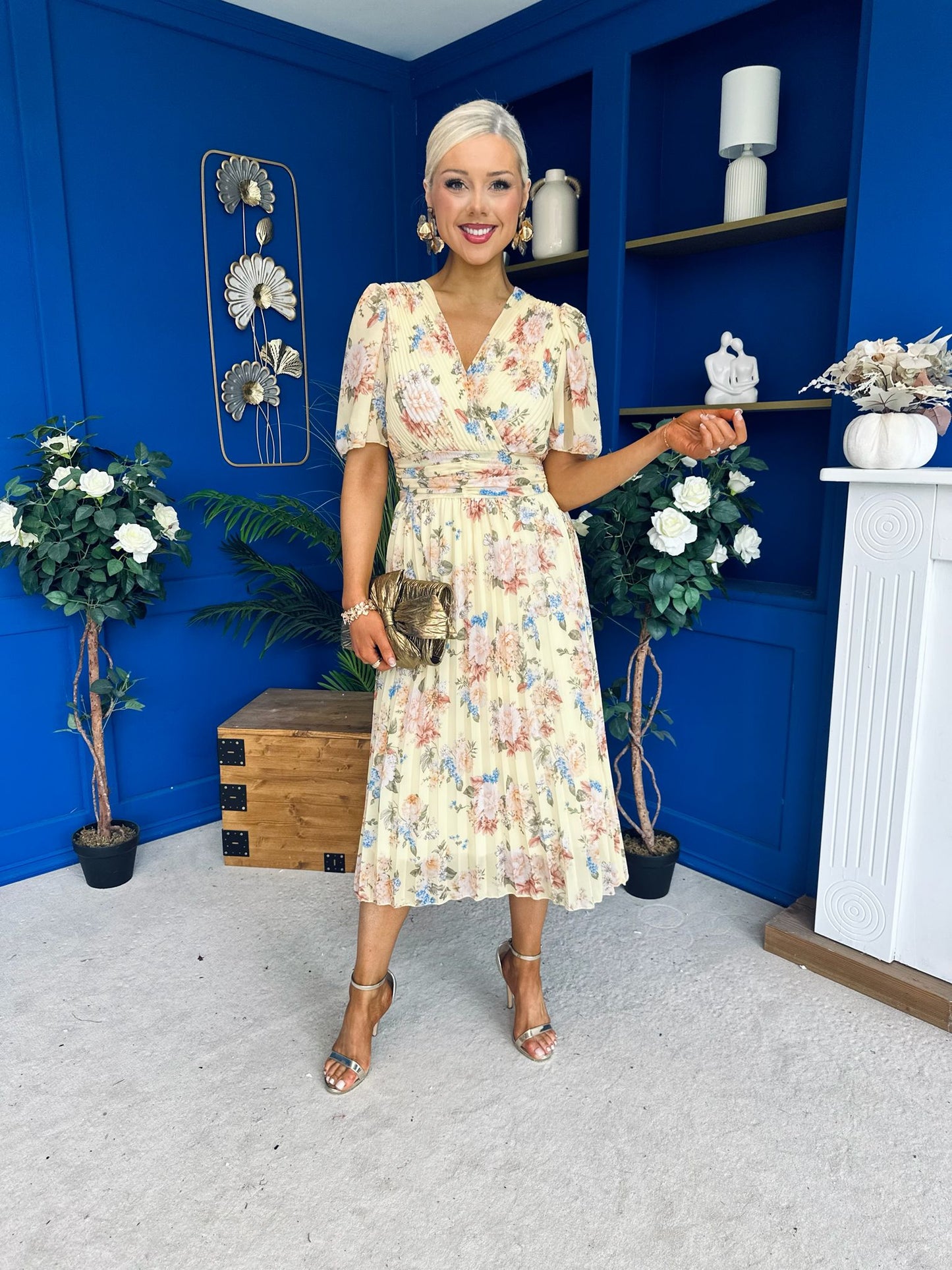 Kaylee Pleated Midi Dress Floral Yellow