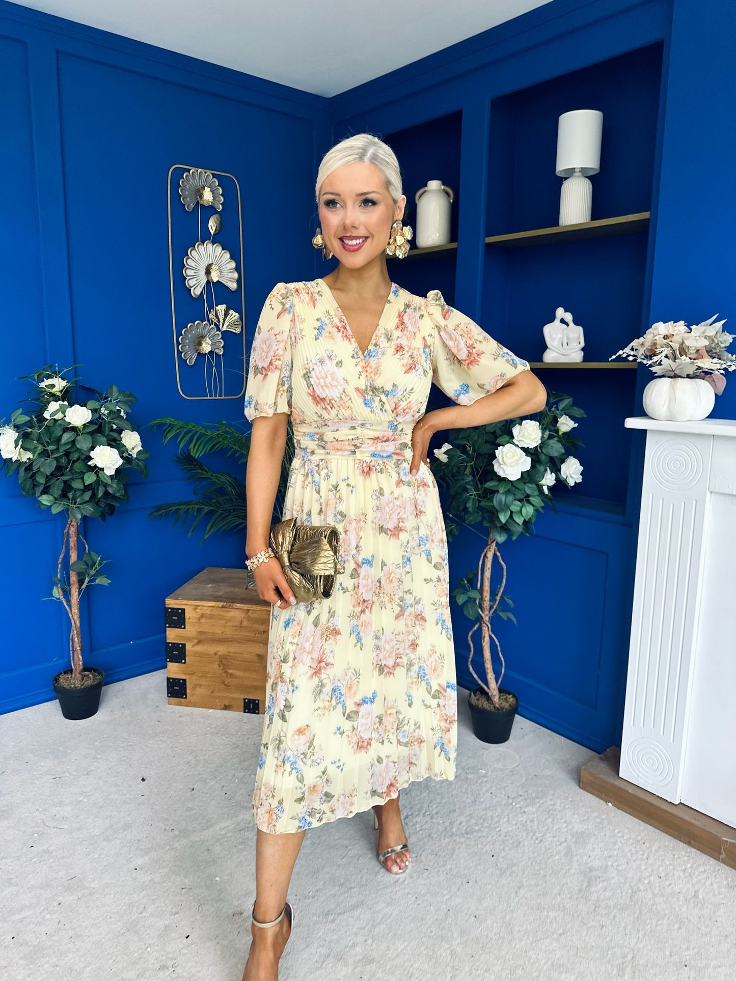 Kaylee Pleated Midi Dress Floral Yellow