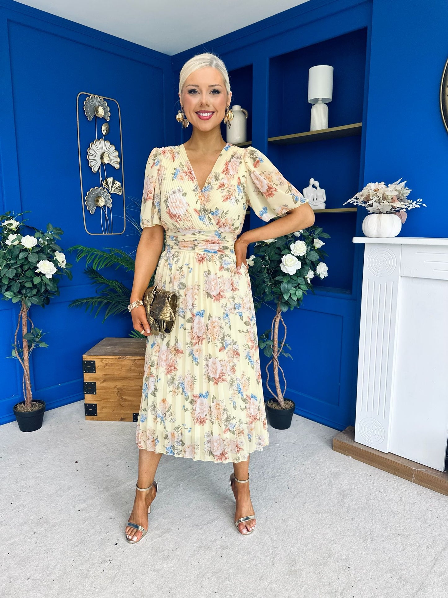 Kaylee Pleated Midi Dress Floral Yellow