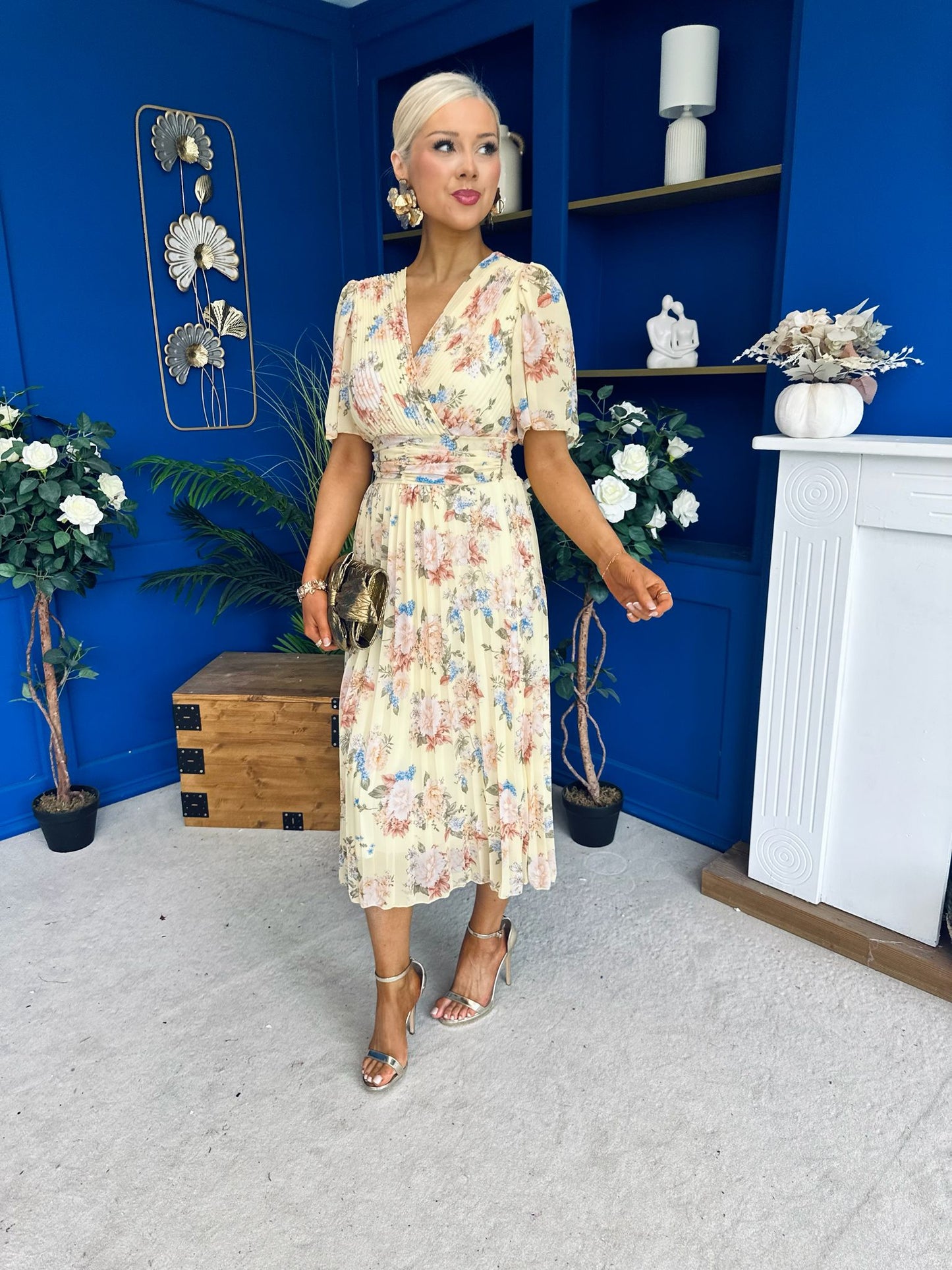 Kaylee Pleated Midi Dress Floral Yellow