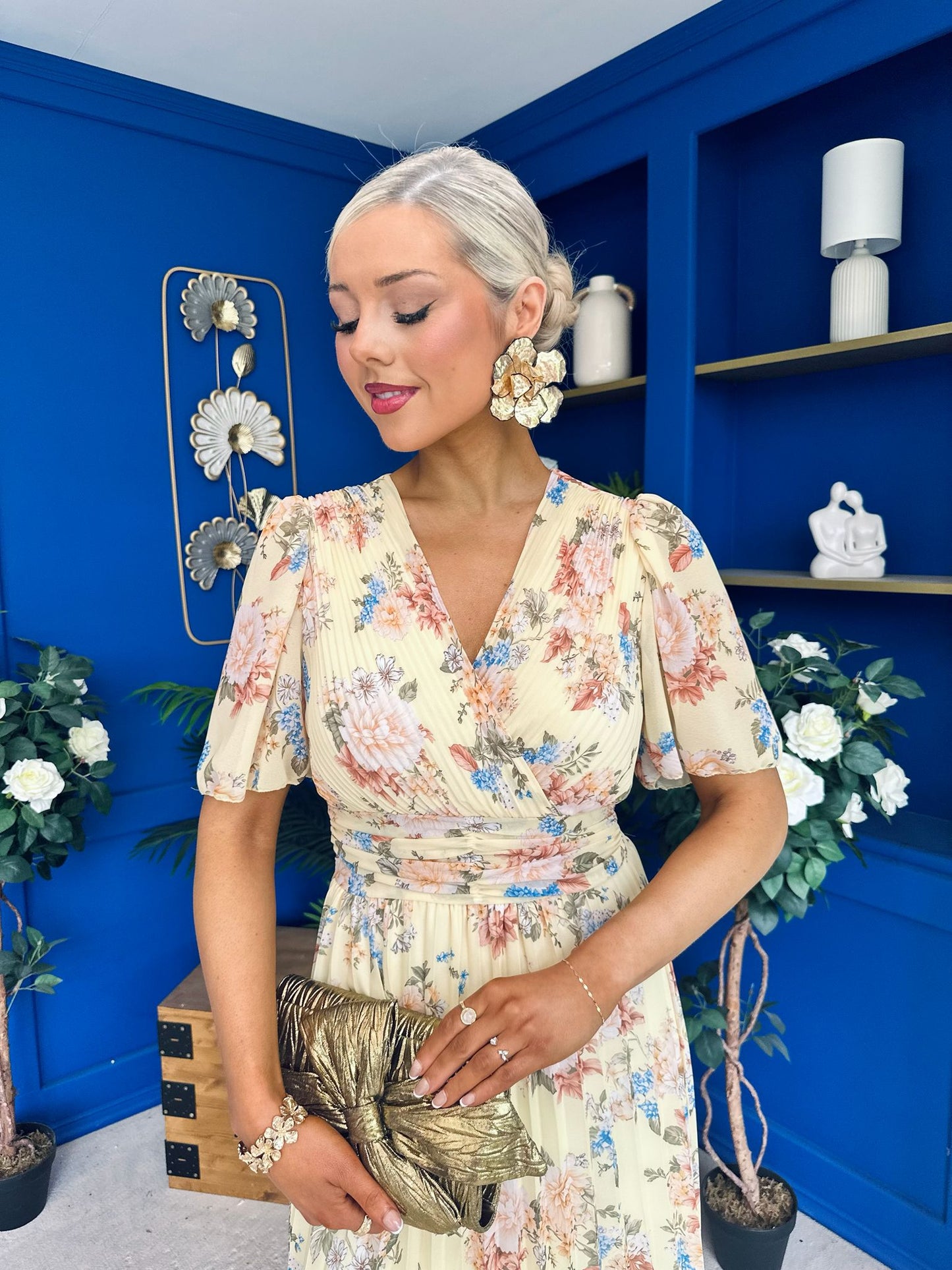 Kaylee Pleated Midi Dress Floral Yellow