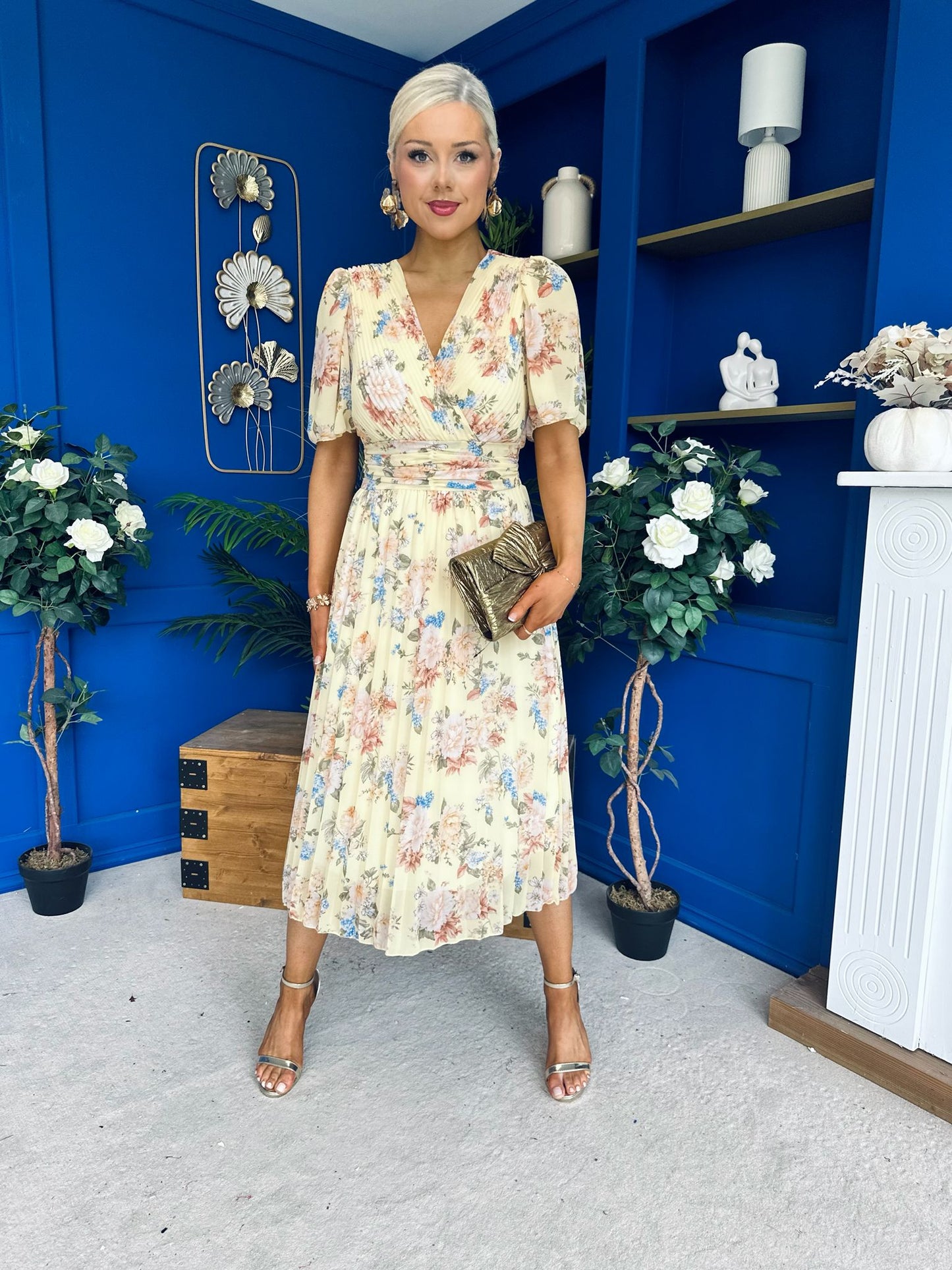 Kaylee Pleated Midi Dress Floral Yellow
