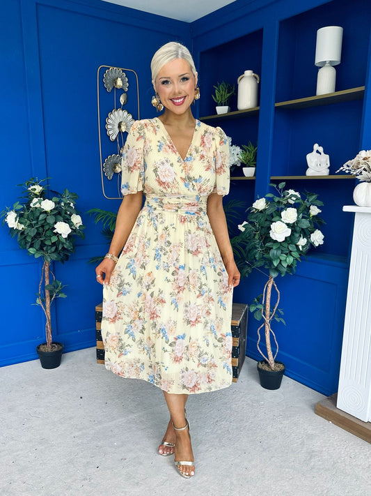 Kaylee Pleated Midi Dress Floral Yellow