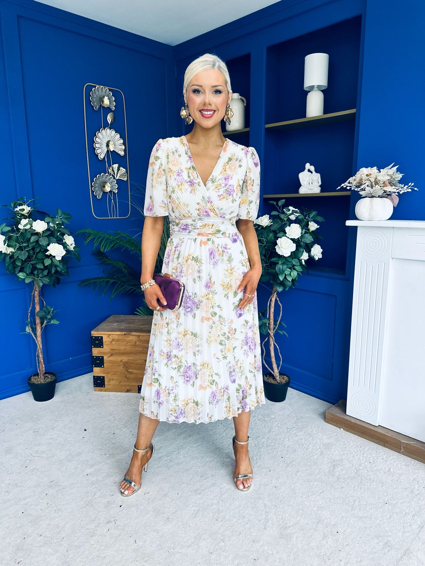 Kaylee Pleated Midi Dress Floral Cream