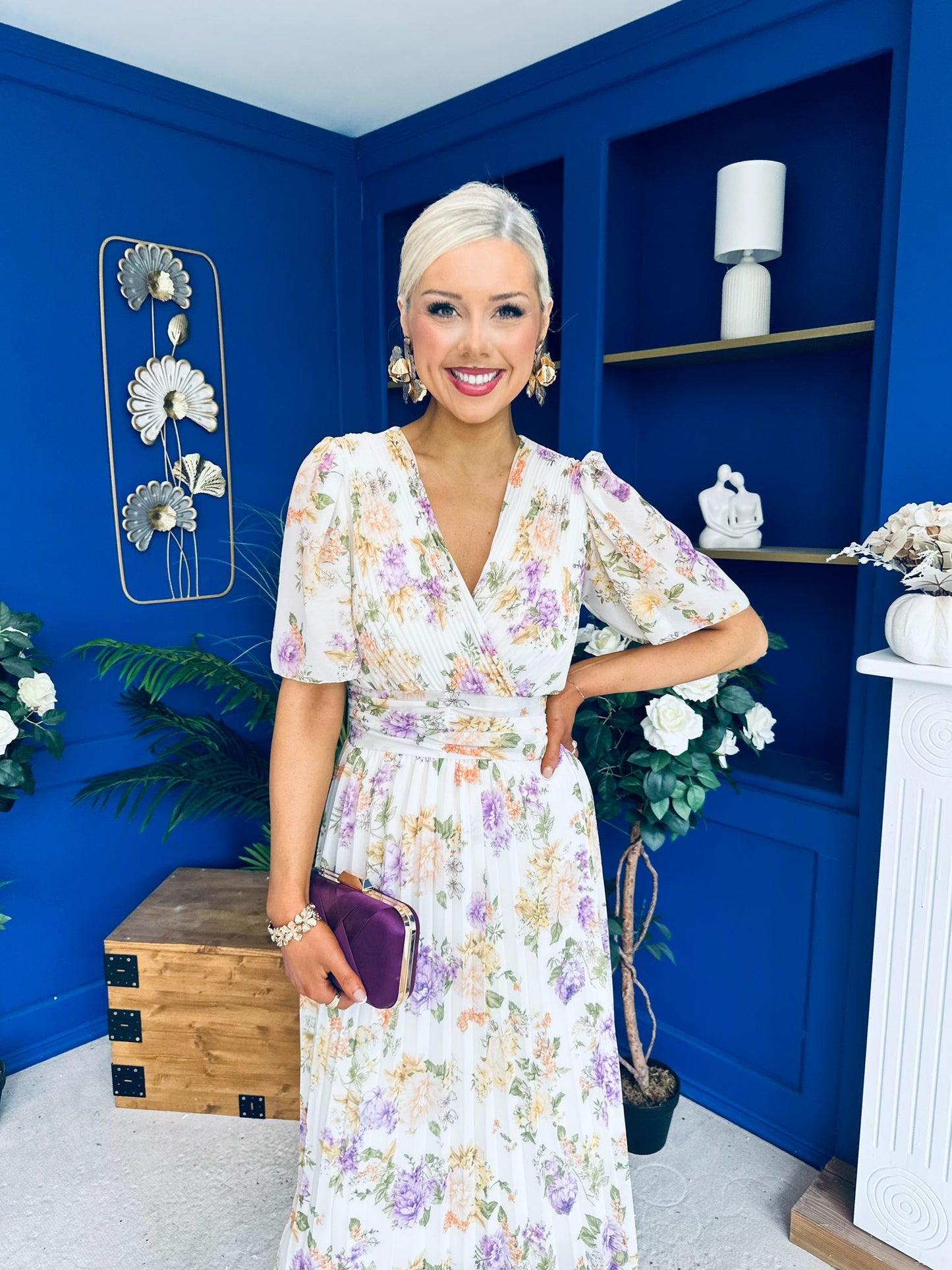Kaylee Pleated Midi Dress Floral Cream