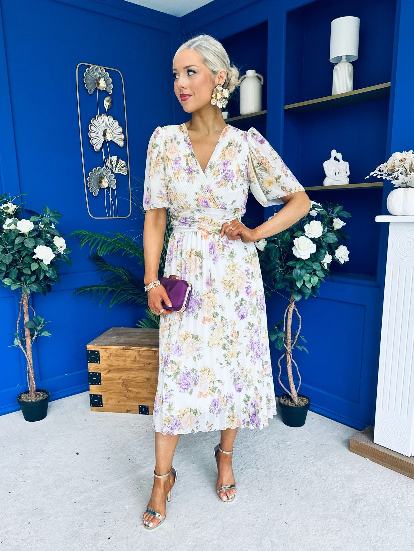 Kaylee Pleated Midi Dress Floral Cream