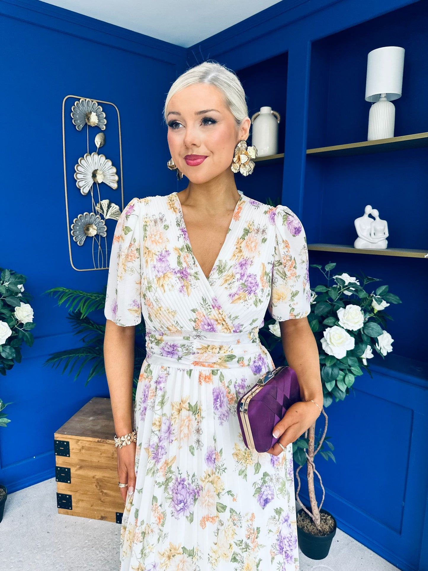 Kaylee Pleated Midi Dress Floral Cream
