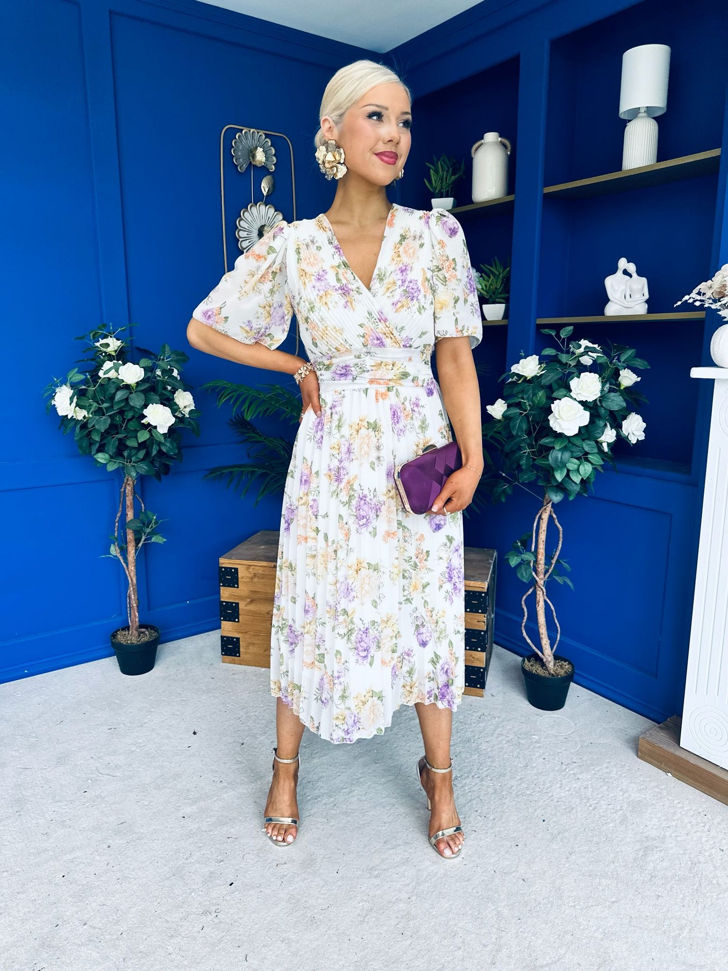 Kaylee Pleated Midi Dress Floral Cream