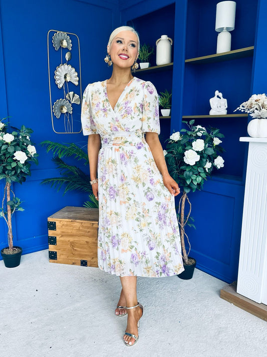 Kaylee Pleated Midi Dress Floral Cream