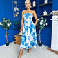Danni Strapless Bandeau Midi Dress Floral Blue