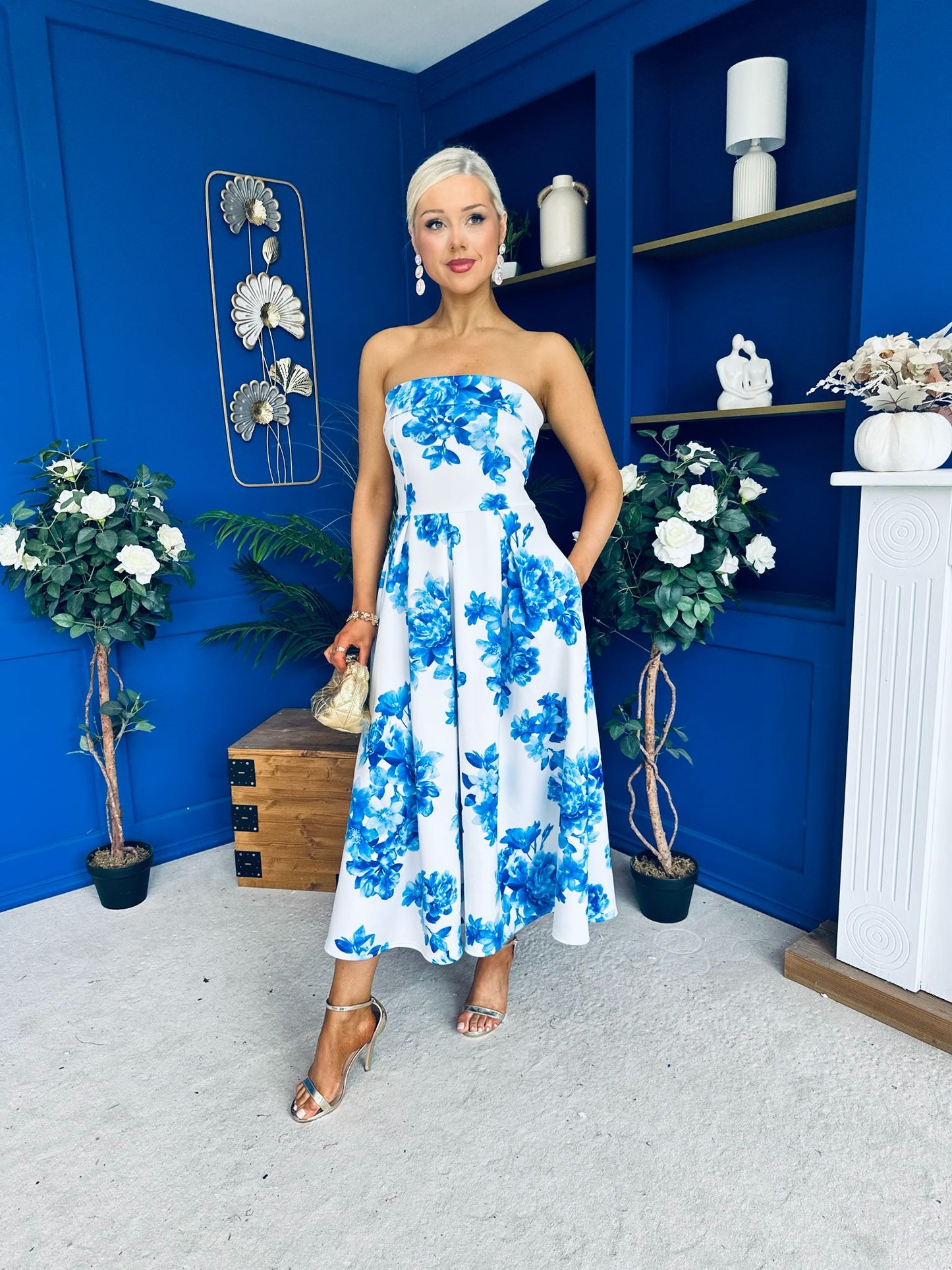 Danni Strapless Bandeau Midi Dress Floral Blue