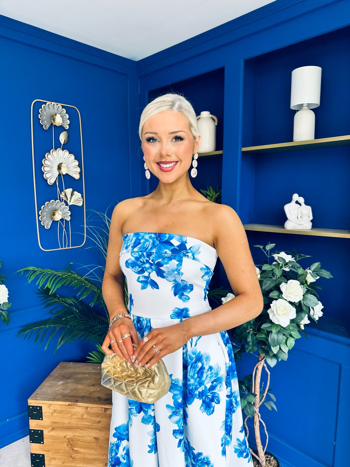 Danni Strapless Bandeau Midi Dress Floral Blue