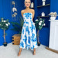 Danni Strapless Bandeau Midi Dress Floral Blue