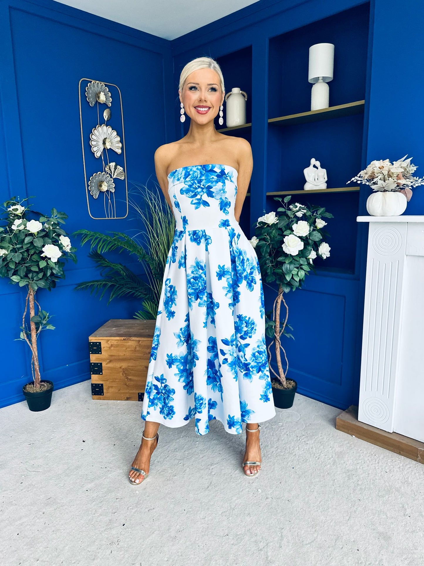 Danni Strapless Bandeau Midi Dress Floral Blue
