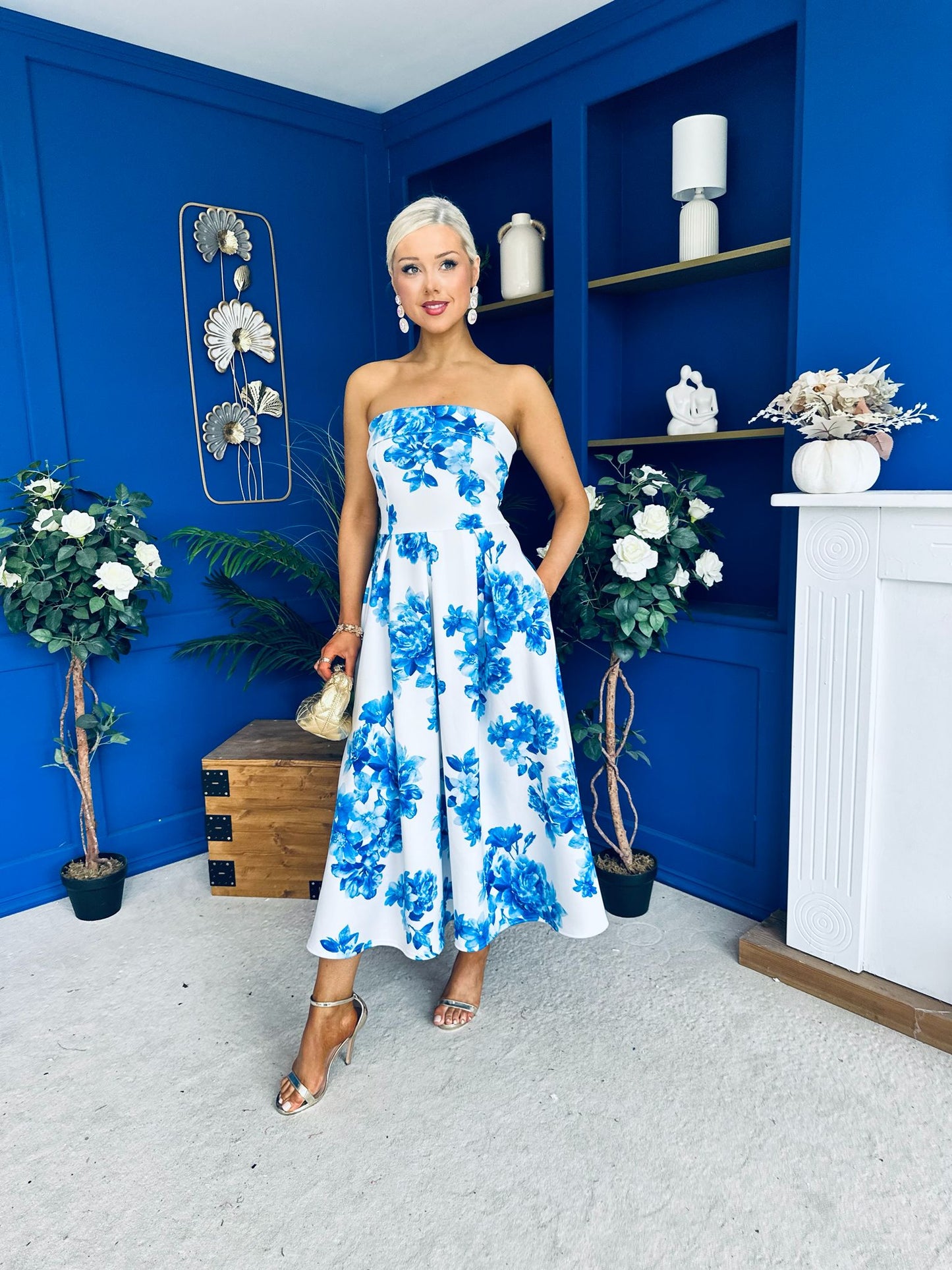 Danni Strapless Bandeau Midi Dress Floral Blue