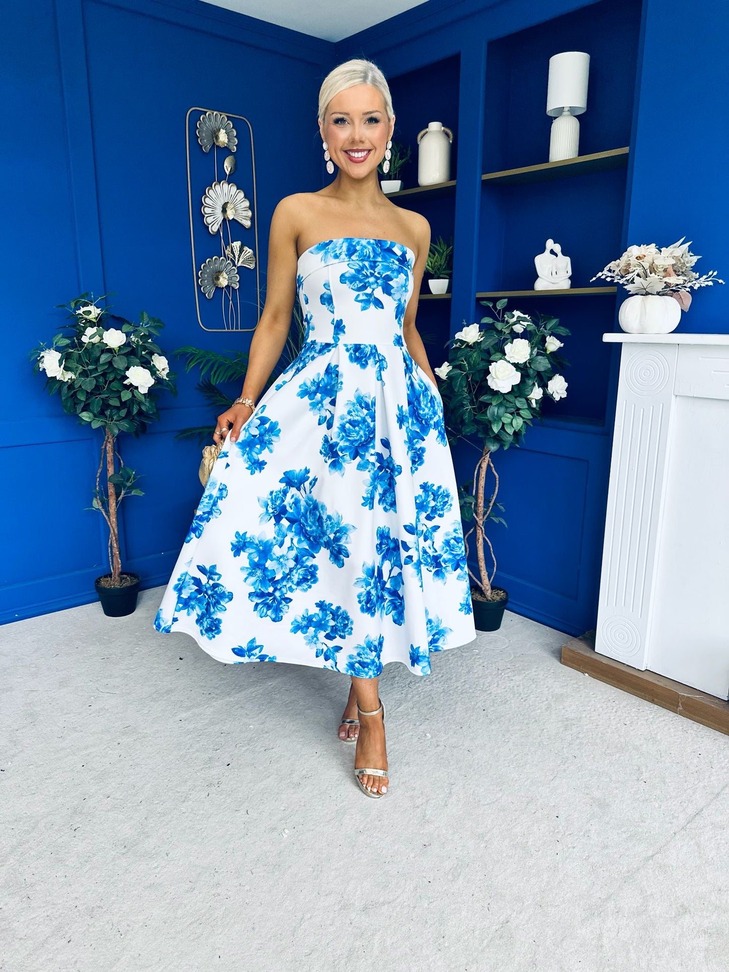 Danni Strapless Bandeau Midi Dress Floral Blue