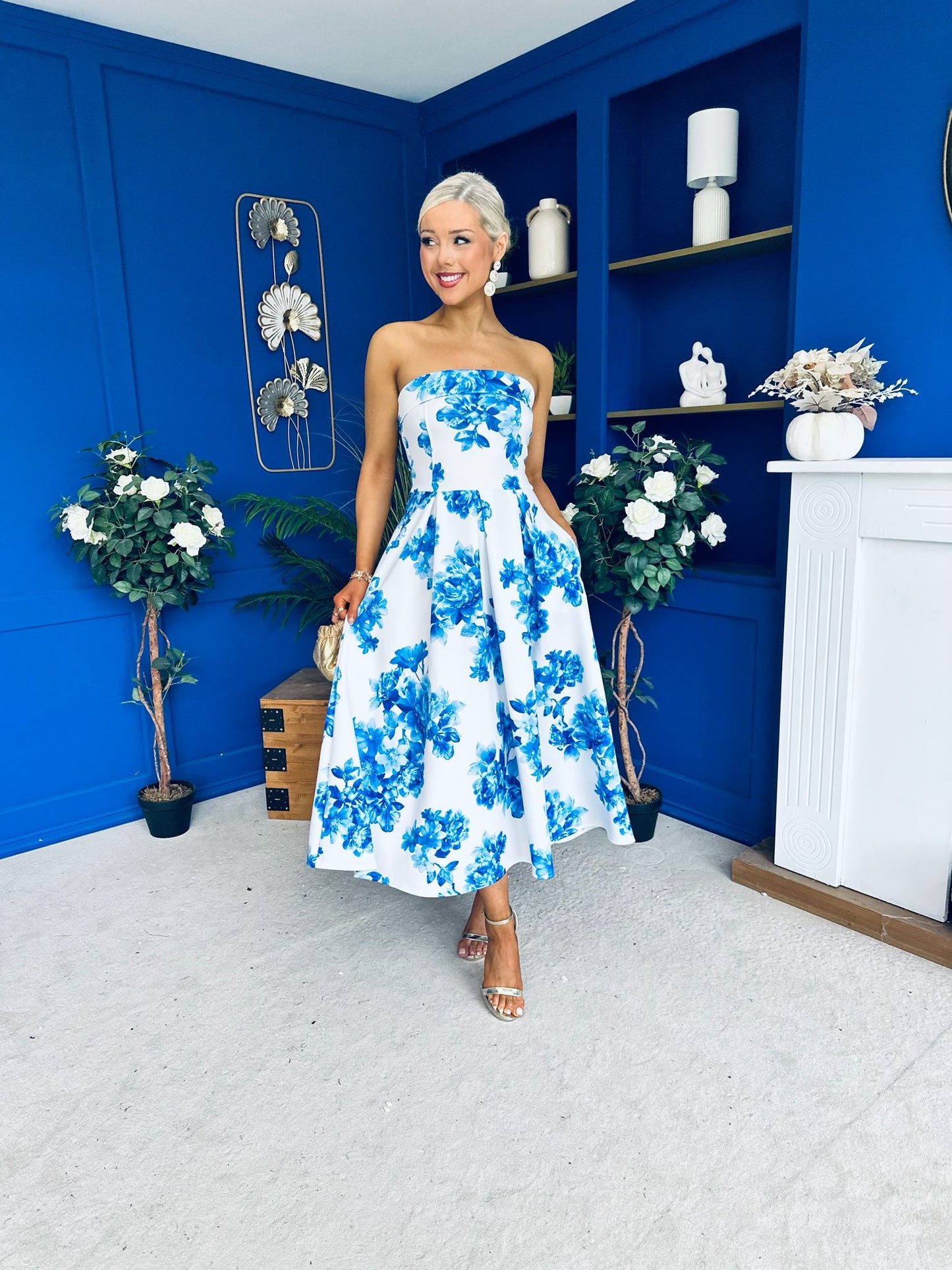 Danni Strapless Bandeau Midi Dress Floral Blue