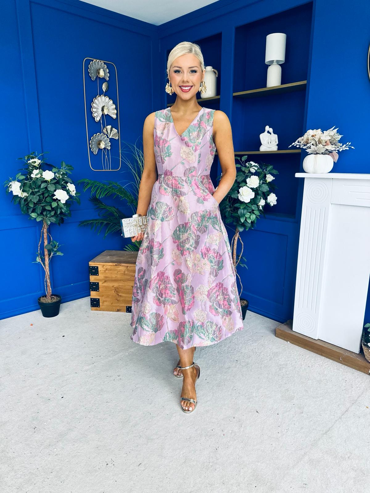Vivienne Jacquard Occasion Midi Dress Pink
