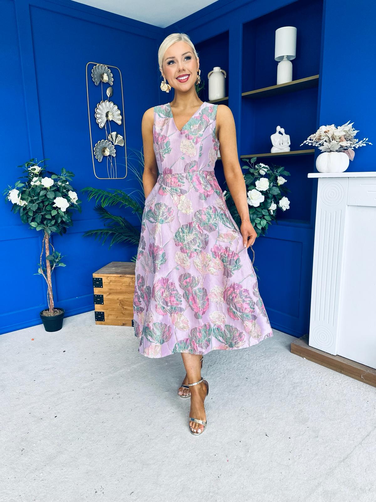 Vivienne Jacquard Occasion Midi Dress Pink