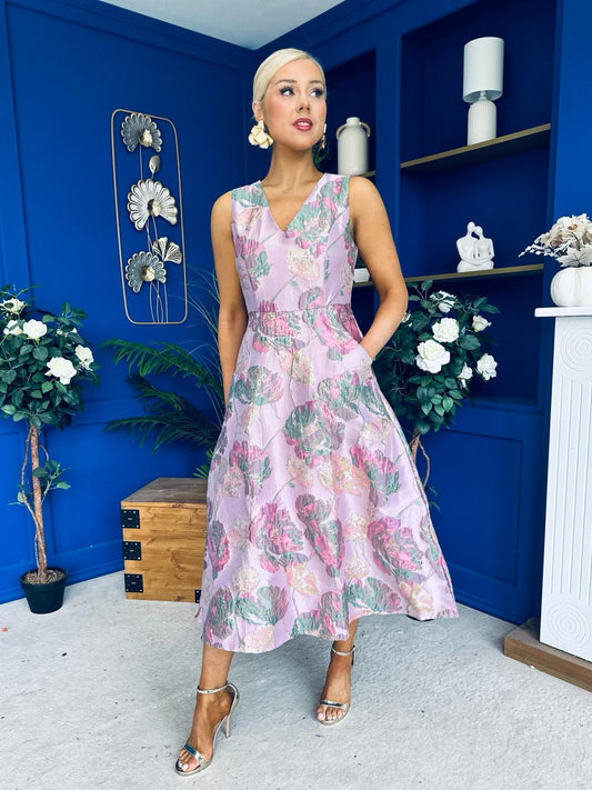 Vivienne Jacquard Occasion Midi Dress Pink