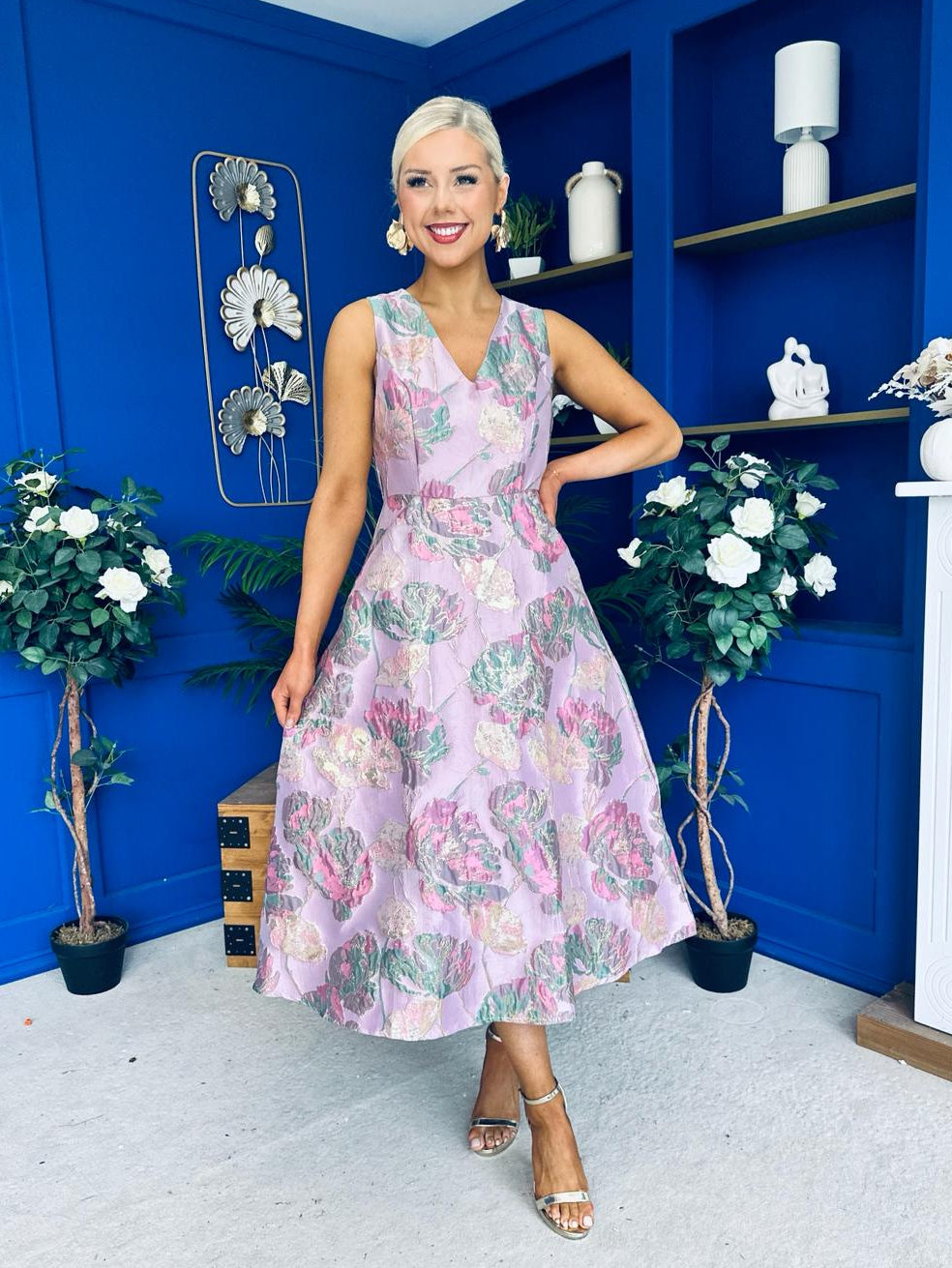 Vivienne Jacquard Occasion Midi Dress Pink