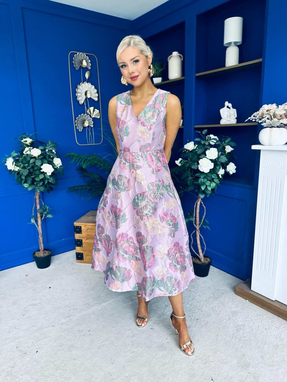 Vivienne Jacquard Occasion Midi Dress Pink