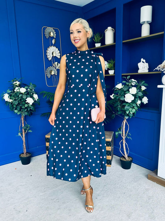 Rita High Neck Bow Detail Midi Dress Polka Navy