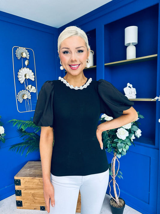Kallie Puff Sleeve Pearl Detail Top Black