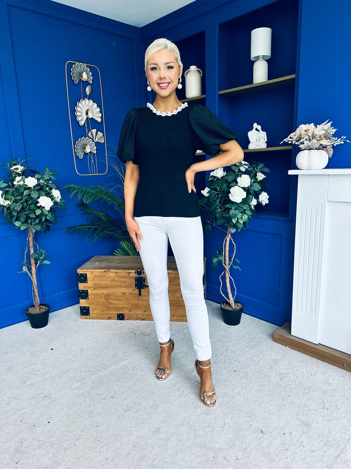 Kallie Puff Sleeve Pearl Detail Top Black