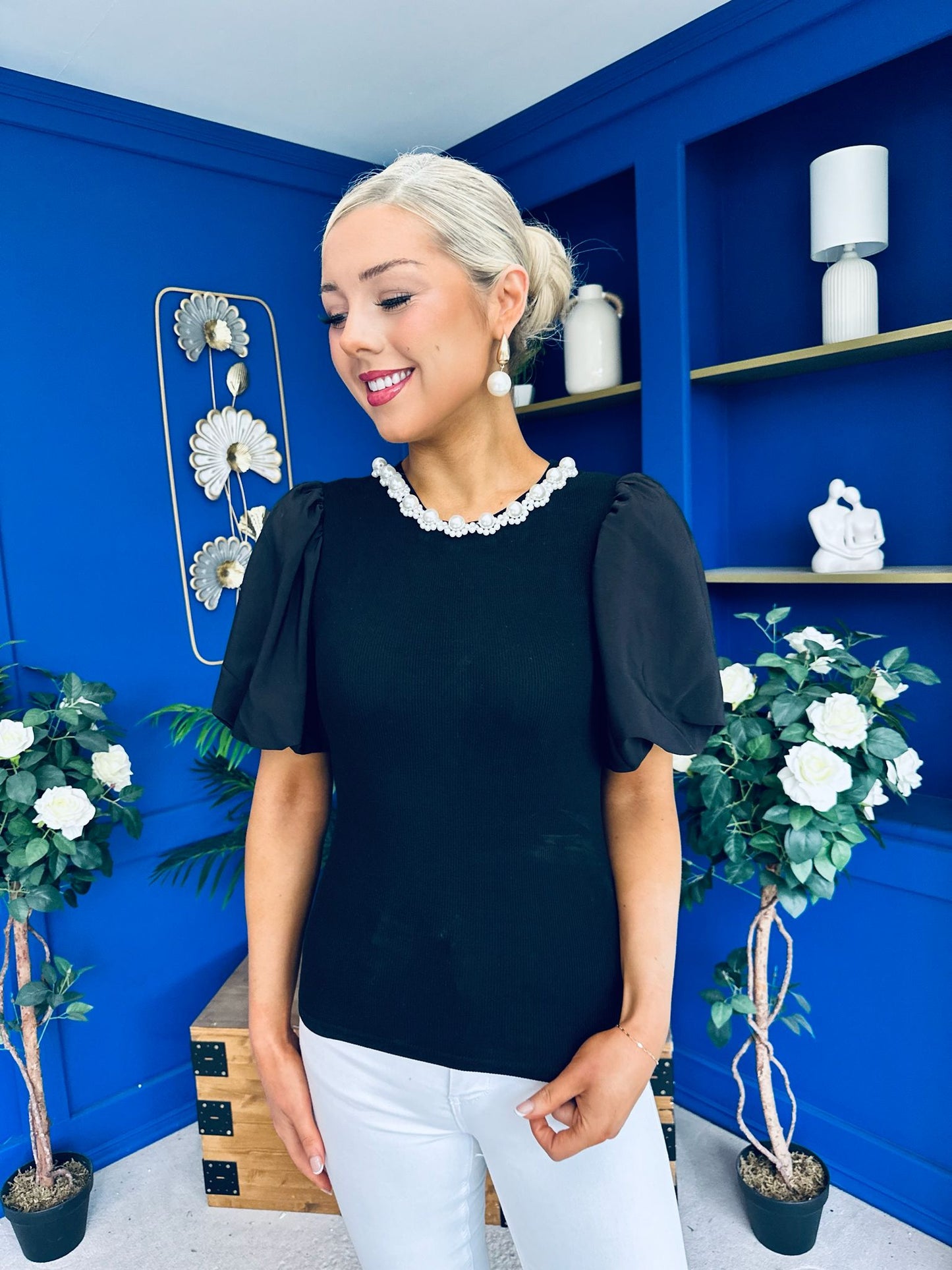 Kallie Puff Sleeve Pearl Detail Top Black