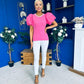 Kallie Puff Sleeve Pearl Detail Top Cerise