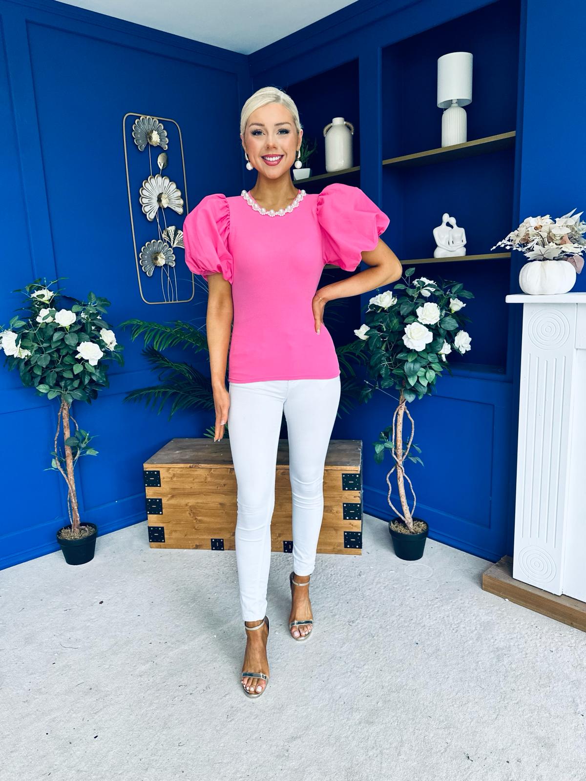 Kallie Puff Sleeve Pearl Detail Top Cerise