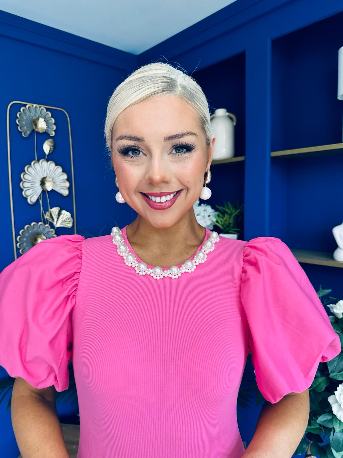 Kallie Puff Sleeve Pearl Detail Top Cerise