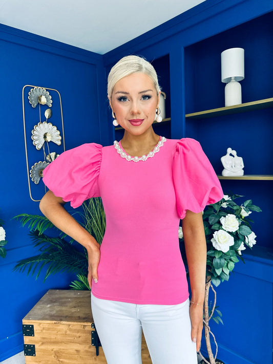Kallie Puff Sleeve Pearl Detail Top Cerise