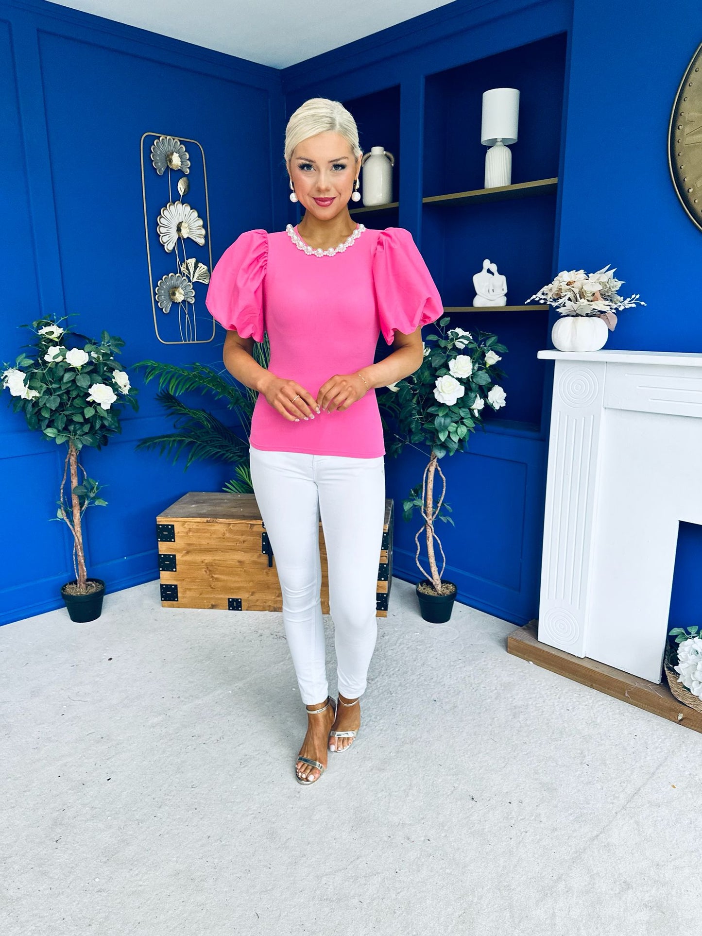 Kallie Puff Sleeve Pearl Detail Top Cerise