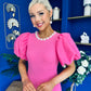 Kallie Puff Sleeve Pearl Detail Top Cerise
