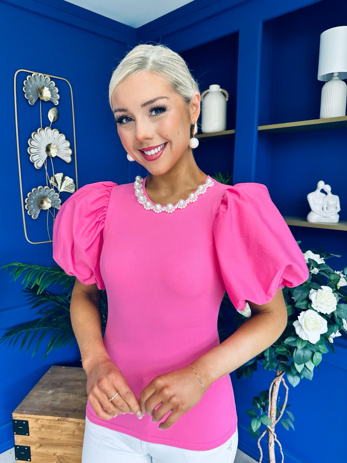 Kallie Puff Sleeve Pearl Detail Top Cerise