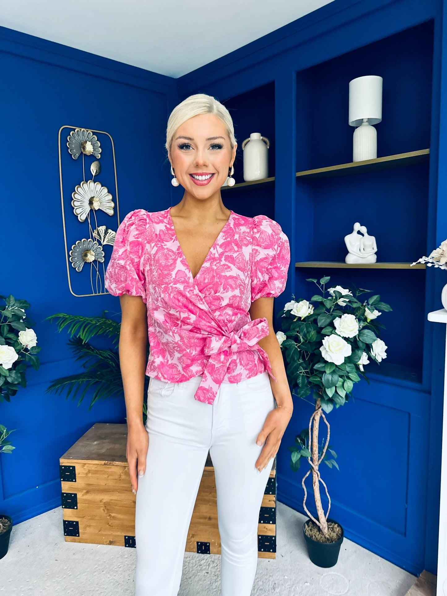 Miah Puff Sleeve Wrap Jacquard Top Pink